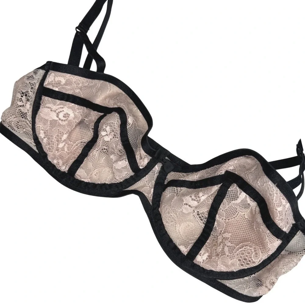 Gillian & O'Malley Size 34 C Pink/Black Unlined Lace Plunge‎ Underwire Bra